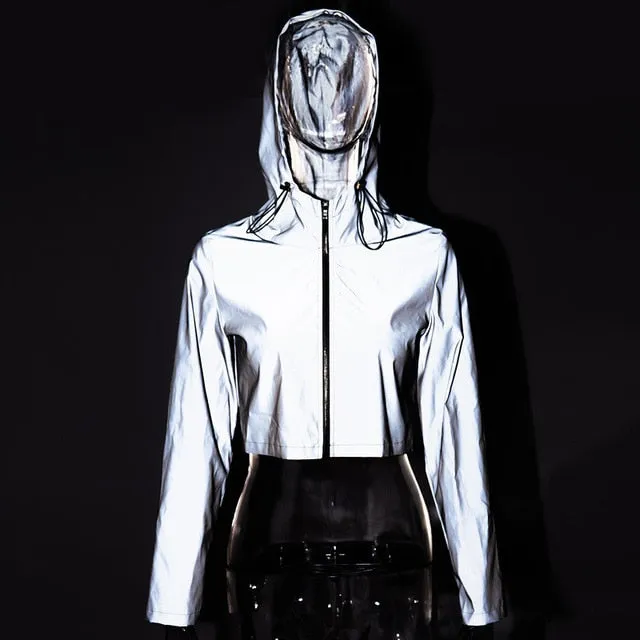 ZHYMIHRET 2019 Spring New Reflective Female Jacket Casual Sport  Hooded Short Coat Women Crop Top Casaco Feminino Manteau Femme