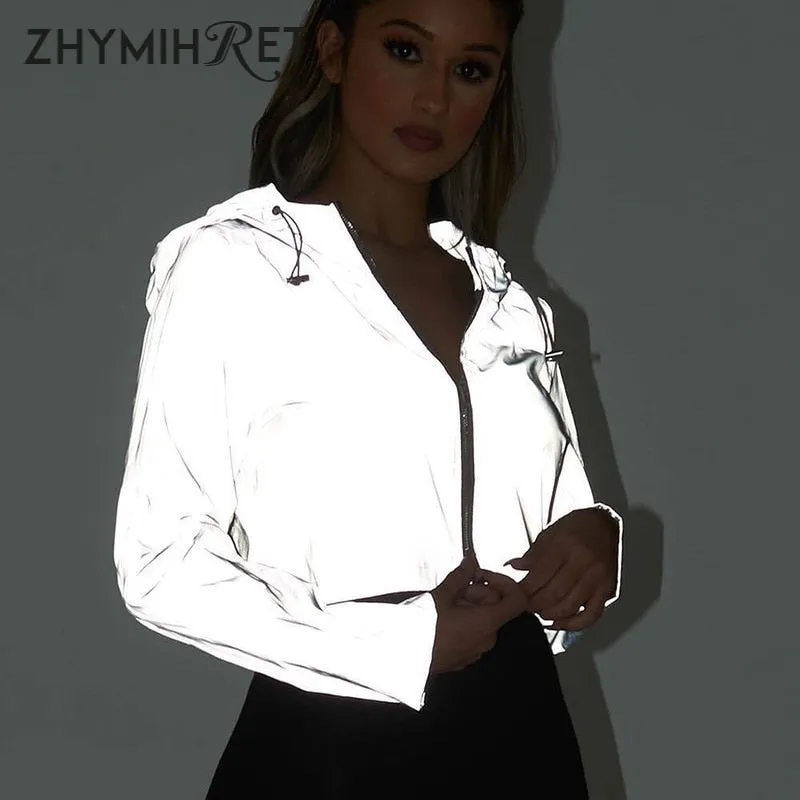 ZHYMIHRET 2019 Spring New Reflective Female Jacket Casual Sport  Hooded Short Coat Women Crop Top Casaco Feminino Manteau Femme